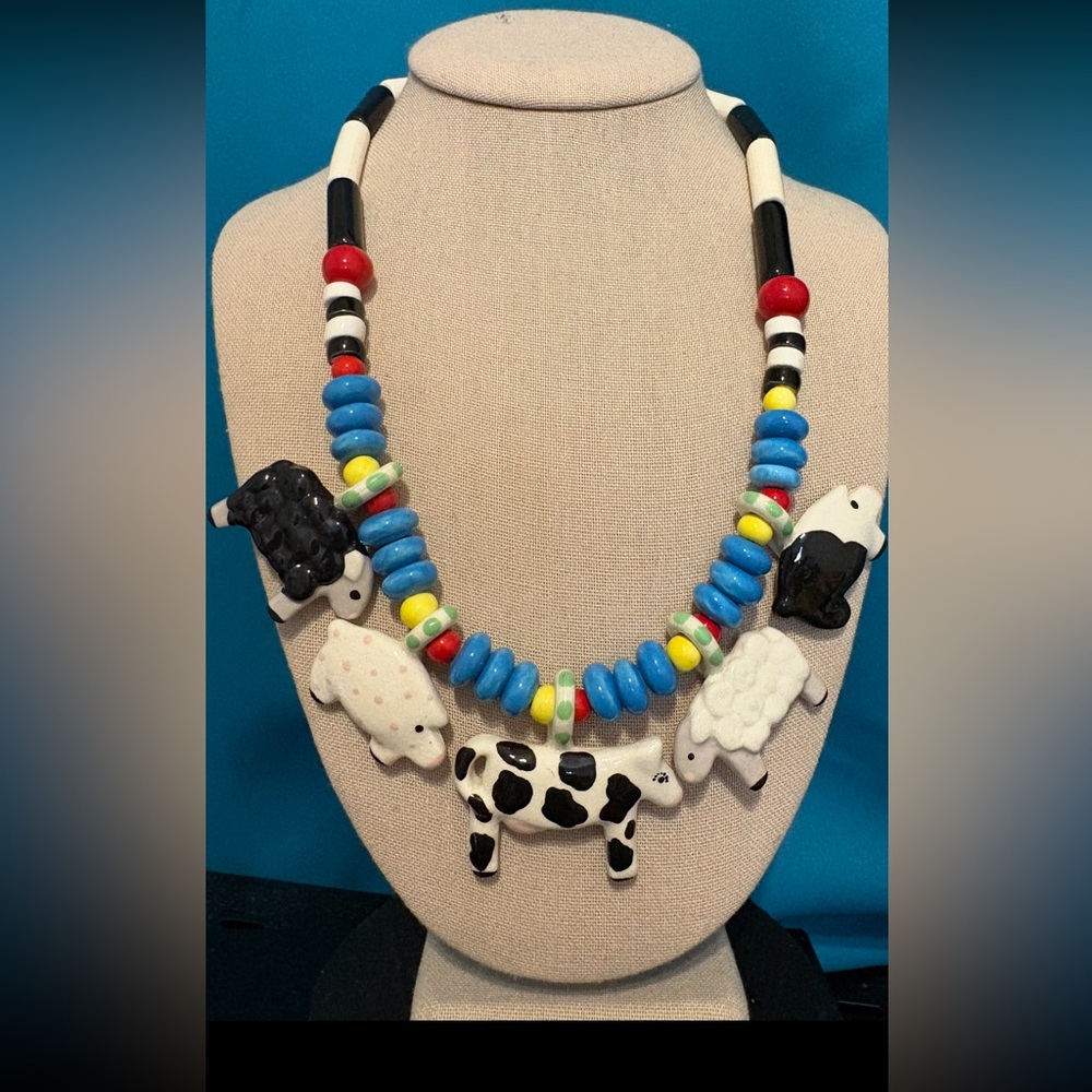 Ruby Z necklace 22” ceramic glazed cow pig sheep Bean Finneraw animals colorful